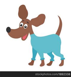 Funny dog with dyne ears in overalls, vector illustration. Pet for a walk. Smooth-haired medium-sized brown dog, isolated object. Funny dog with dyne ears in overalls, vector illustration.