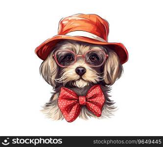 Funny dog York in a red Summer sun hat with bow. Vector illustration design.