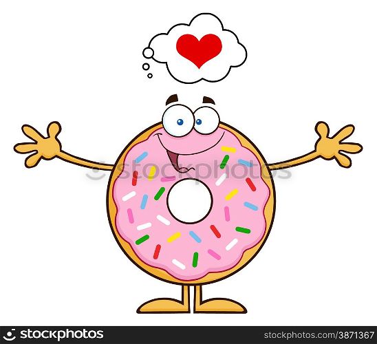 Funny Donut Cartoon Character With Sprinkles Thinking Of Love And Wanting A Hug