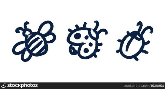 Funny doodle bugs made in simple kid style. Bee, bug, ladybug drawings. Vector.