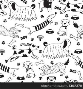 Funny doodle dogs seamless pattern. Scandinavian illustration with dogs, paws, bone, dog collar, dog bowl on a white background. Perfect for wallpaper, wrapping, textile.