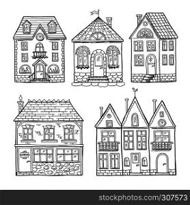 Funny doodle houses. Hand drawn vector illustration set. Architecture house sketch graphic, apartment building art. Funny doodle houses. Hand drawn vector illustration set
