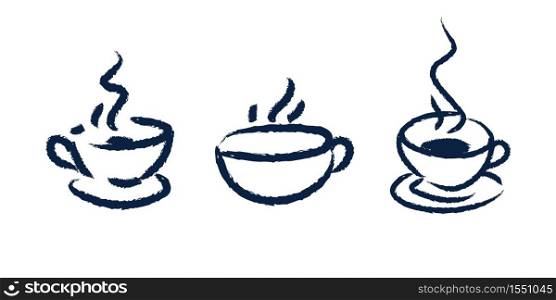 Funny doodle soup and coffe cups made in simple kid style. Cups and bowls with an aroma. Sketchy drawings. Vector.. Funny doodle soup and coffe cups made in simple kid style. Cups and bowls with an aroma. Sketchy drawings.