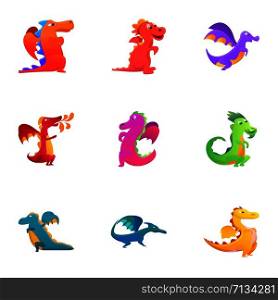 Funny dragons icon set. Cartoon set of 9 funny dragons vector icons for web design isolated on white background. Funny dragons icon set, cartoon style