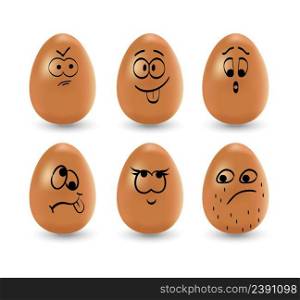 Funny Easter eggs set vector. Realistic brown eggs on a white background. Faces, eyes, grimaces, hand drawn with a marker on the eggs. Happy and sad Easter eggs with emotions.. Funny Easter eggs set vector. Realistic brown eggs on a white background. Faces, eyes, grimaces, hand drawn with a marker on the eggs.
