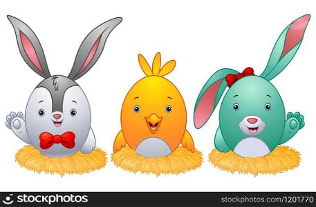Funny easter eggs with rabbit ears in the nest