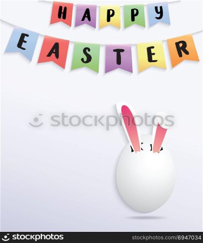 Funny easter greeting card rabbit ears in the egg with bunting flags background