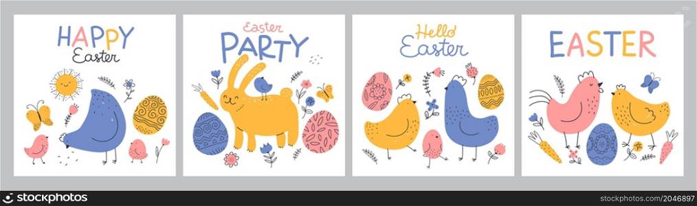 Funny easter posters. Cute patterned eggs, color chickens and bunny, spring holiday symbol, cartoon rustic happy characters, doodle domestic rural birds, vector greeting cards and holiday postcards. Funny easter posters. Cute patterned eggs, color chickens and bunny, spring holiday symbol, cartoon rustic happy characters, doodle domestic rural birds, vector greeting cards