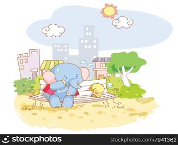 funny elephant and cartoon chicks were sitting in the city park