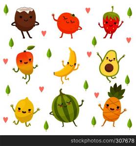 Funny emotion on cartoon fruits and vegetables. Vector illustration set. Food with face, vegetable cartoon smile happy. Funny emotion on cartoon fruits and vegetables. Vector illustration set