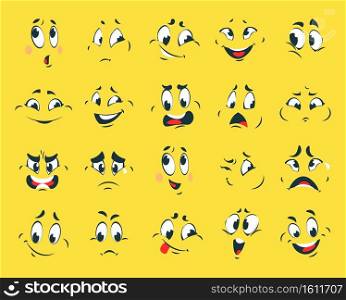 Funny faces. Cartoon emotion expressions. Comic emoticons with contour eyes or eyebrows and mouths. Facial caricatures on yellow background. Avatars or stickers design template, vector set. Funny faces. Cartoon emotion expressions. Emoticons with contour eyes or eyebrows and mouths. Facial caricatures on yellow background. Avatars or stickers template, vector set