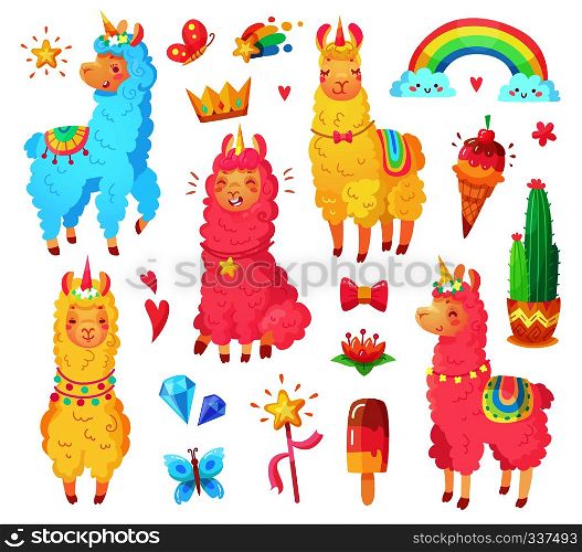 Funny fairytale cute mexican smiling colorful yellow, pink, blue alpaca with fluffy wool and cute rainbow llama unicorn. Magic rainbow wildlife character pets cartoon illustration set. Funny mexican smiling alpaca with fluffy wool and cute rainbow llama unicorn. Magic pets cartoon illustration set
