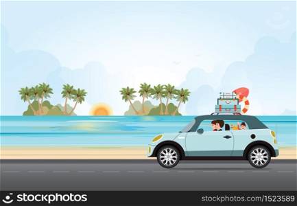 Funny family driving in car on weekend holiday with surfboard and suitcases on a beach. Vector flat illustration.