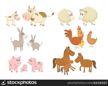 Funny farm animals families set. Cows, sheep, donkey, horse, pigs, hen and rooster with baby chick isolated on white. Vector illustration for village, children and toddler education concept