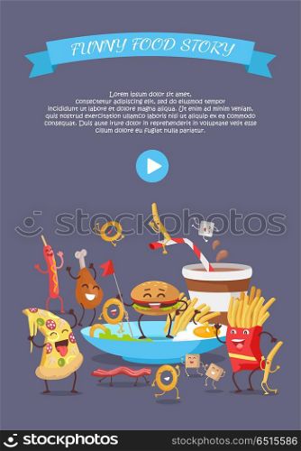 Funny fast food web banner. Smiling and dancing hamburger, french fries, pizza, sausage, chicken, onion rings. Flat illustration with cartoon characters for restaurant landing page. Order food online. Fast Food Conceptual Flat Style Vector Web Banner. Fast Food Conceptual Flat Style Vector Web Banner