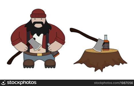 Funny fat flat style lumberjack ax stump whiskey bottle isolated on white. Funny fat cartoon style lumberjack