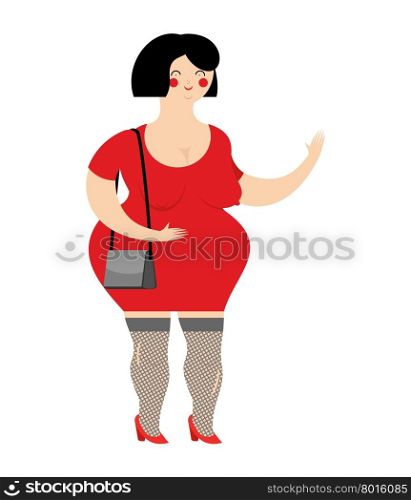 Funny fat prostitute in red dress. Slut with bag on white background. Female Sex Worker. Girl with a smile. Torn tights and red shoes. Girl providing sexual services for money.