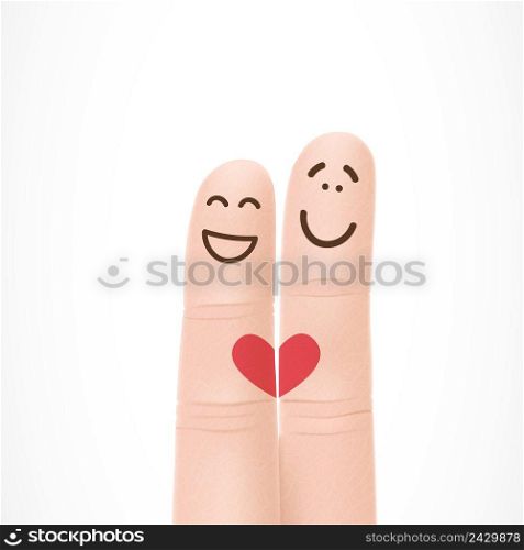 Funny fingers with faces in love. Happiness, romantic, couple, amour. Valentines day concept. Can be used for greeting cards, posters, leaflets and brochure
