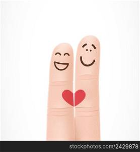 Funny fingers with faces in love. Happiness, romantic, couple, amour. Valentines day concept. Can be used for greeting cards, posters, leaflets and brochure