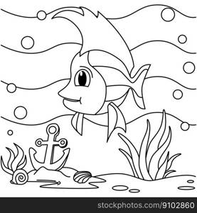 Funny fish cartoon characters vector illustration. For kids coloring book.