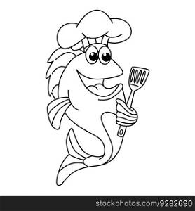 Funny fish chef cartoon characters vector illustration. For kids coloring book.