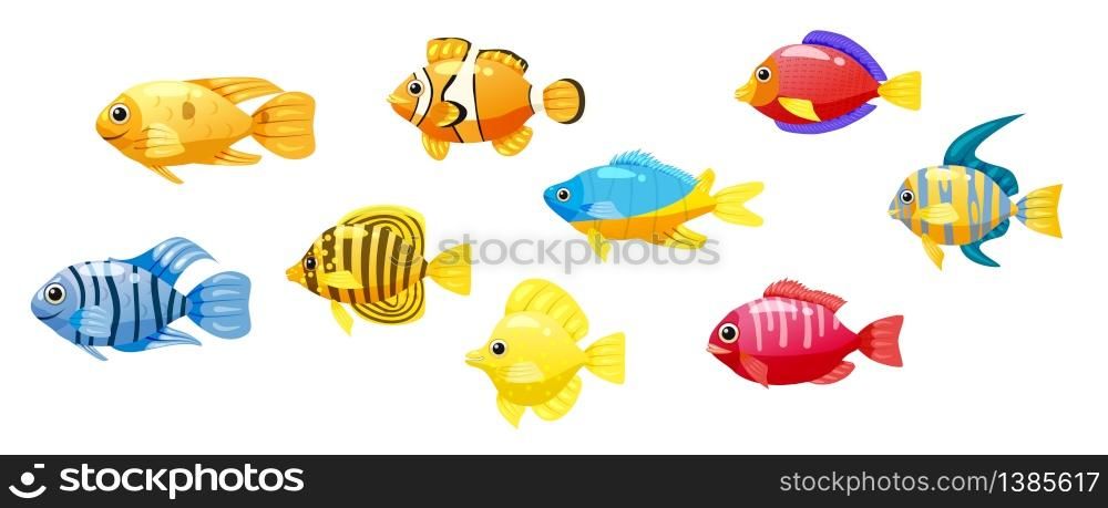 Funny fish vector characters. Colorful coral reef tropical fish set vector illustration. Sea fish collection isolated on white background.. Set cartoon Funny fish vector characters. Colorful coral reef tropical fish set vector illustration. Sea fish collection isolated on white background. Isolated