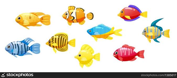 Funny fish vector characters. Colorful coral reef tropical fish set vector illustration. Sea fish collection isolated on white background.. Set cartoon Funny fish vector characters. Colorful coral reef tropical fish set vector illustration. Sea fish collection isolated on white background. Isolated