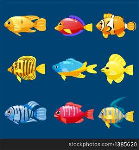 Funny fish vector characters. Colorful coral reef tropical fish set vector illustration. Sea fish collection isolated on white background.. Set cartoon Funny fish vector characters. Colorful coral reef tropical fish set vector illustration. Sea fish collection isolated on white background.