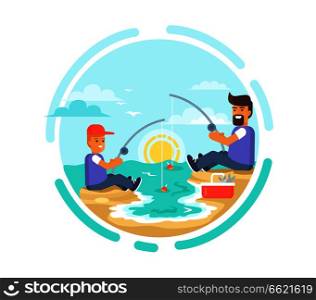 Funny fishing day poster with father and son catching fish on seaside at sunset vector illustration. Dad and his little boy spending time together. Fishing Day Poster Father and Son Catching Fish