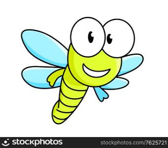 Funny flying dragonfly in cartoon style isolated on white for comics and fairytale design