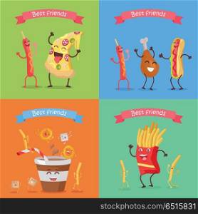 Funny Food for Childish Menu Conceptual Banner.. Best friends sausage pizza chicken hot dog soda cola fries cartoon characters. Funny food for childish menu conceptual banner. Meal having fun concept. Dancing happy meal. Vector design illustration