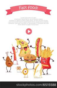 Funny Food Story Conceptual Banner Web Site Design. Funny food story conceptual banner web site design with play button. Sausage pizza donut bacon chicken hamburger fries sugar potatoes eggs. Happy meal for children. Childish menu poster. Vector