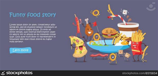 Funny Food Story Conceptual Banner Web Site Design. Funny food story conceptual banner web site design on blue background. Sausage pizza donut bacon chicken hamburger fries sugar potatoes eggs. Happy meal for children. Childish menu poster. Vector