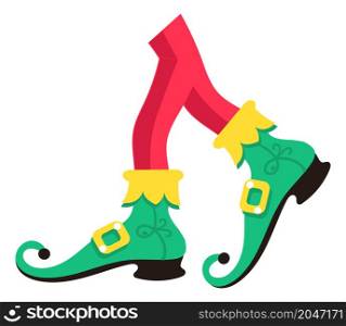 Funny fool legs. Royal jester feet in green shoes in cartoon style isolated on white background. Funny fool legs. Royal jester feet in green shoes in cartoon style