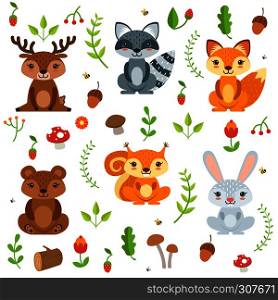 Funny forest animals and floral elements isolate on white background. Vector illustration cartoon animal deer and bear, raccoon and squirrel animals. Funny forest animals and floral elements isolate on white background. Vector illustration in cartoon style