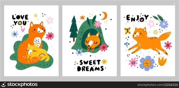 Funny fox cards. Nordic kids style animals. Cartoon forest wildlife characters. Childish posters with short motivational text. Furry wild vixens dream or play in meadow. Vector woodland predator set. Funny fox cards. Nordic kids style animals. Cartoon forest wildlife characters. Childish posters with motivational text. Furry vixens dream or play in meadow. Vector woodland predator set