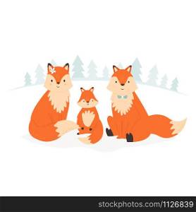 Funny fox family sitting in a forest. Vector illustration of smiling animals.. Funny fox family sitting in a forest. Vector illustration