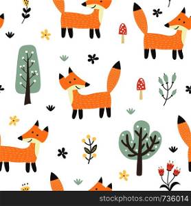 Funny fox seamless pattern. Forest background in childish style. Vector illustration