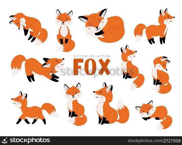 Funny fox set. Cartoon forest animals, mammals with cute emotions on faces, vector illustration of orange foxes of wildlife around logo isolated on white background. Funny fox set