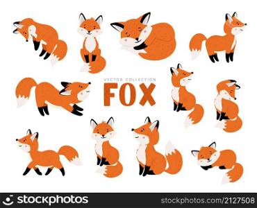 Funny fox set. Cartoon forest animals, mammals with cute emotions on faces, vector illustration of orange foxes of wildlife around logo isolated on white background. Funny fox set