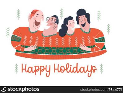 Funny friends dressed in an ugly sweater. Happy holiday. Vector funny Christmas and new year illustration, greeting card.. Funny friends in an ugly sweater. Vector funny illustration.