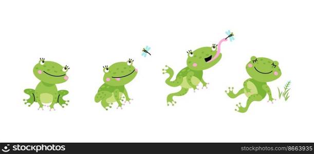 Funny frog jumping for flying insect. Cartoon pond frogs jump and eating. Green toad eat dragonfly and relax. Fairytale nowaday vector character in motion. Illustration of funny cartoon frog jump. Funny frog jumping for flying insect. Cartoon pond frogs jump and eating. Green toad eat dragonfly and relax. Fairytale nowaday vector character in motion