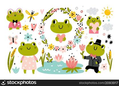 Funny frogs pond. Cartoon amphibian. Lotus flowers and reeds. Floral wreath. Dragonfly insects. Clouds and sun. Green toads in clothes. Aquatic animals romantic couple. Vector cute swamp elements set. Funny frogs pond. Cartoon amphibian. Lotus flowers and reeds. Floral wreath. Dragonfly insects. Clouds and sun. Toads in clothes. Aquatic animals romantic couple. Vector swamp elements set