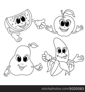 Funny fruit cartoon characters vector illustration. For kids coloring book.