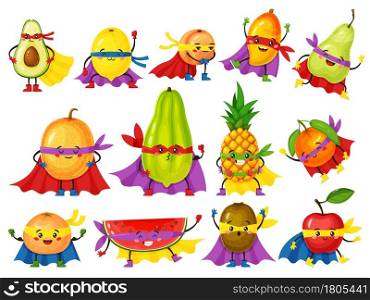 Funny fruit hero characters. Fresh orange, apple, avocado, lemon with cute faces in masks. Cartoon fruits in superhero outfits vector set wearing cape and gloves. Fantastic fruit with emotions. Funny fruit hero characters. Fresh orange, apple, avocado, lemon with cute faces in masks. Cartoon fruits in superhero outfits vector set