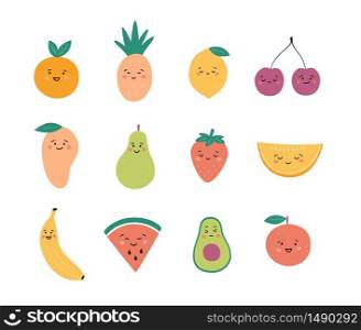 Funny fruits and berries. Set kawaii fruit characters. Hand drawn vector illustration. Funny fruits and berries. Set kawaii fruit characters. Hand drawn vector