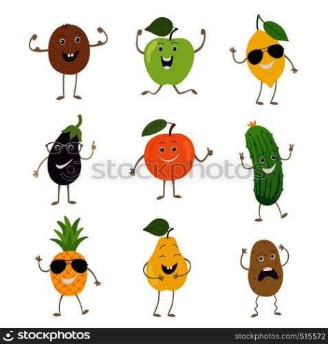 Funny fruits and vegetables with hands kicking eyes and emotions set