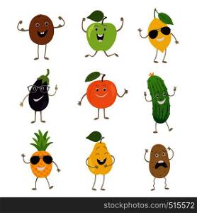 Funny fruits and vegetables with hands kicking eyes and emotions set