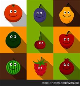Funny fruits icons set. Flat set of 9 funny fruits vector icons for web with long shadow. Funny fruits icons set, flat style