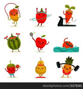 Funny fruits make fitness exercises. Vector cartoon set with diet foods. Sport happy fruits illustration. Funny fruits make fitness exercises. Vector cartoon set with diet foods